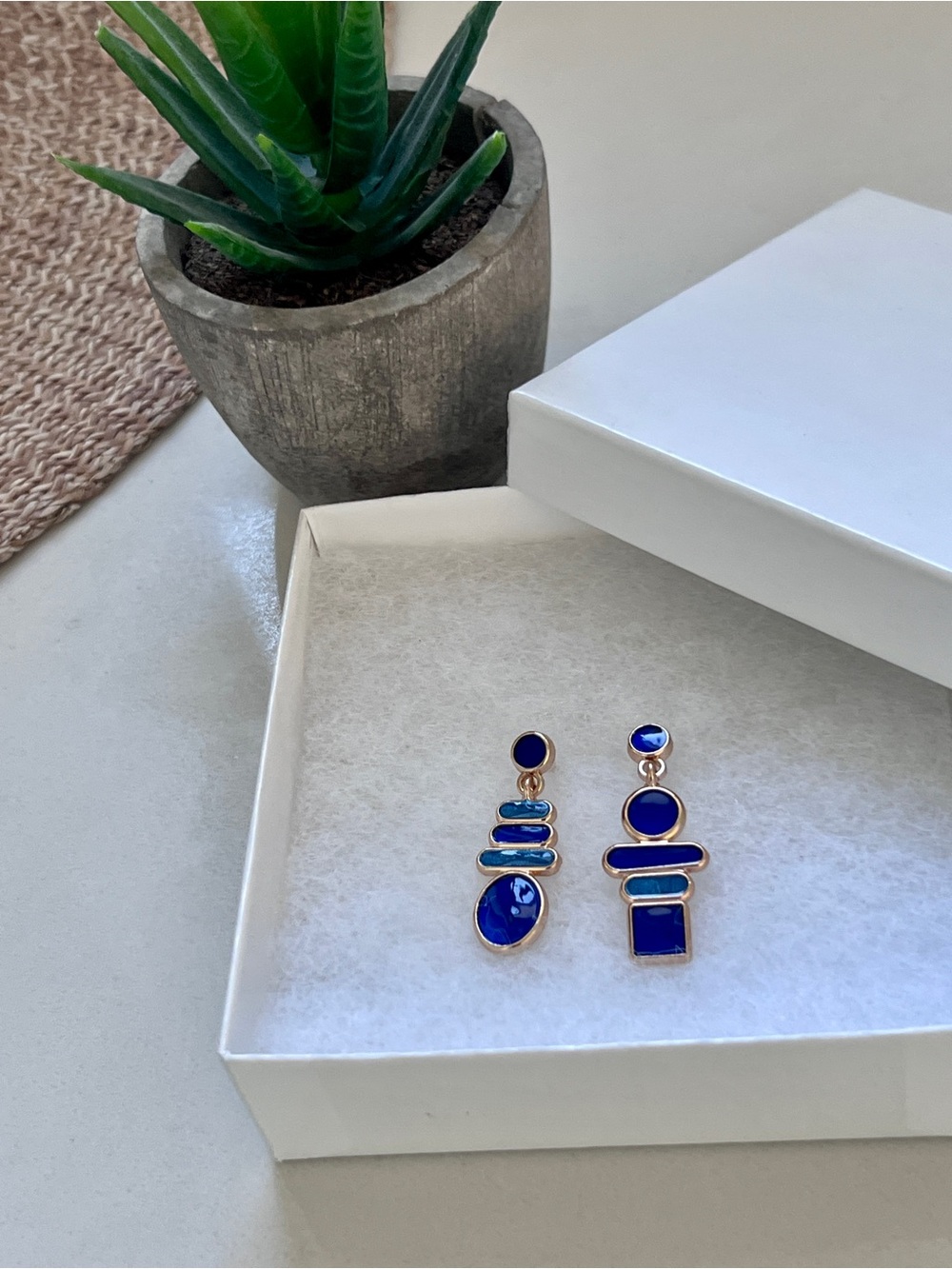 Gold-Trim Blue Geometric Drop Earrings - Women Jewelry